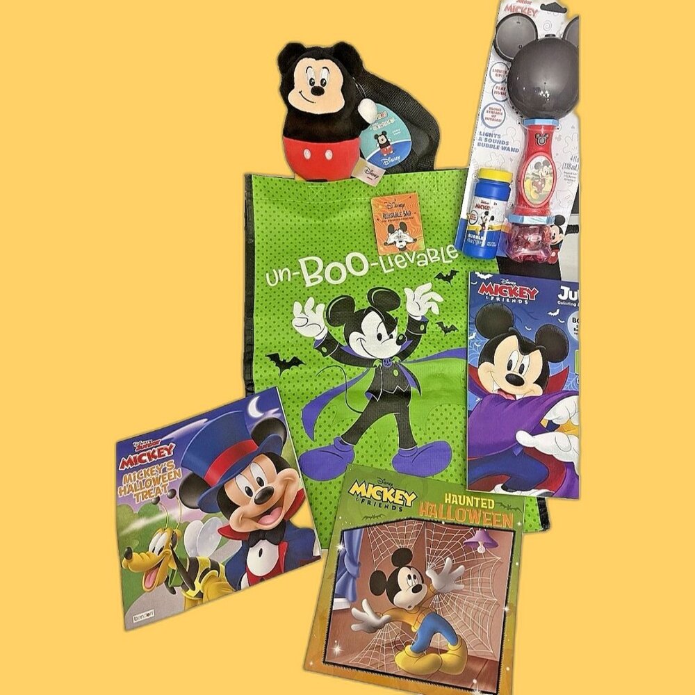 DISNEY MICKEY MOUSE Halloween BUNDLE 6 PIECE SET Books Bag Plush Bubble Wand NEW